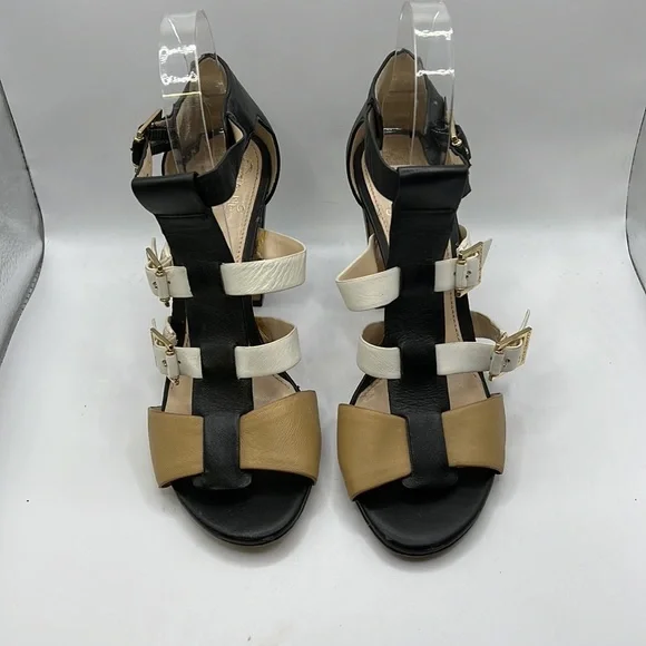 Vince Camuto Adriana Heels Gladiator Sandals Leather White Black Tan Womens 8 M - Picture 3 of 16